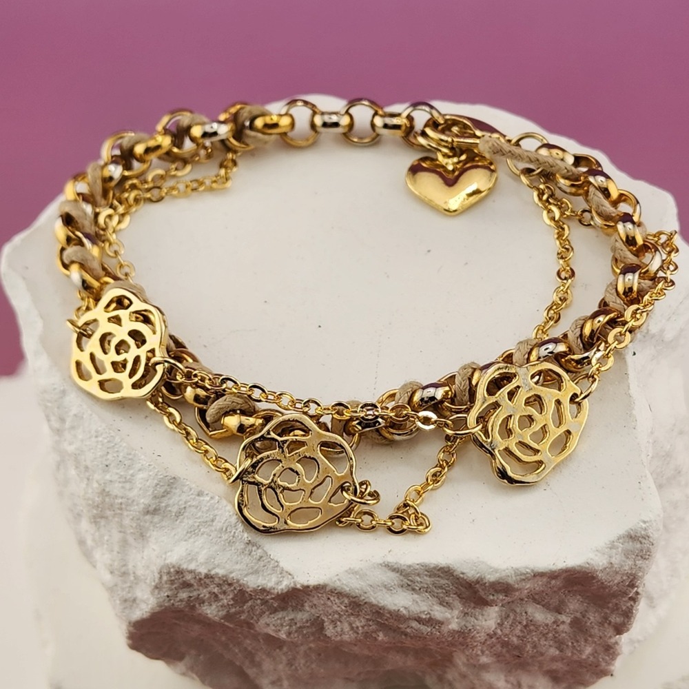 Gold Tone Rose Charm Layered Chain Bracelet Beige Cord Heart Floral Romantic